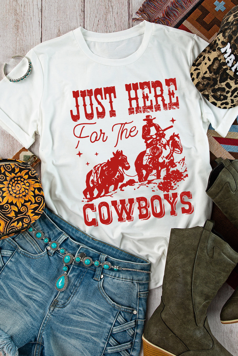 White JUST HERE For THE COWBOY Cuffed Sleeve Crew Neck T Shirt - Aaria Tees Aaria Tees