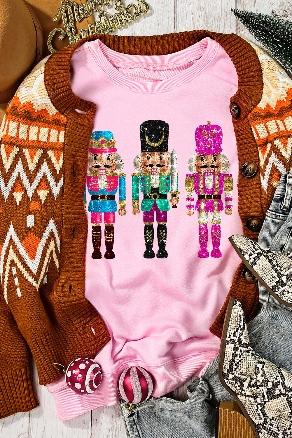 Pink Cute Nutcracker Printed Drop Shoulder Christmas Sweatshirt - Aaria Tees Aaria Tees