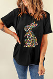Black Colorful Floral Bunny Graphic Easter T Shirt Aaria Tees