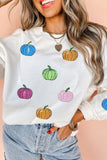 White Colorful Pumpkin Sequin Patched Drop Shoulder Sweatshirt Aaria Tees