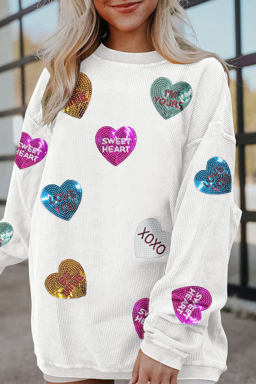 White Valentines Slogan Heart Sequin Corded Baggy Sweatshirt - Aaria Tees Aaria Tees