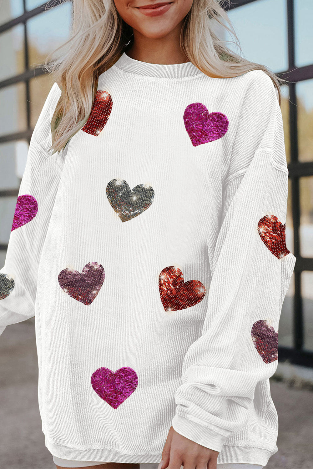 White Valentines Heart Patched Pattern Corded Pullover Sweatshirt - Aaria Tees Aaria Tees