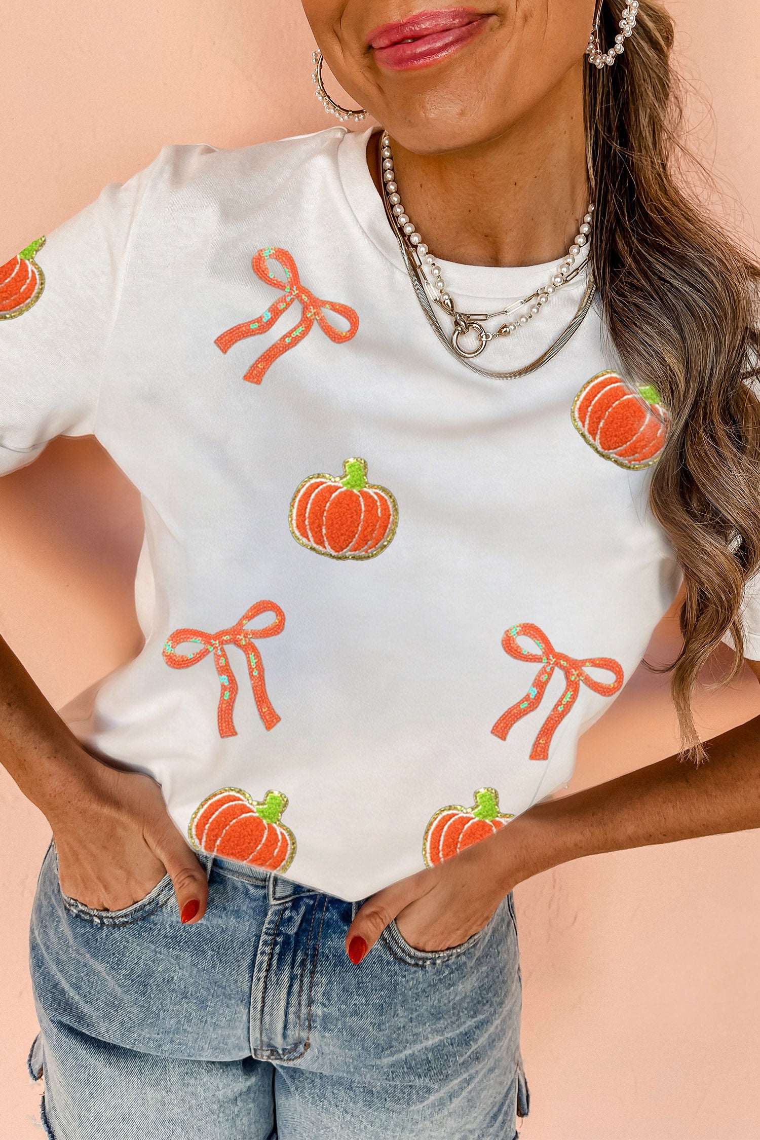 White Sequin Chenille Pumpkin Bow Pattern Casual Short T Shirt - Aaria Tees Aaria Tees
