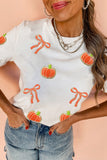 White Sequin Chenille Pumpkin Bow Pattern Casual Short T Shirt - Aaria Tees Aaria Tees