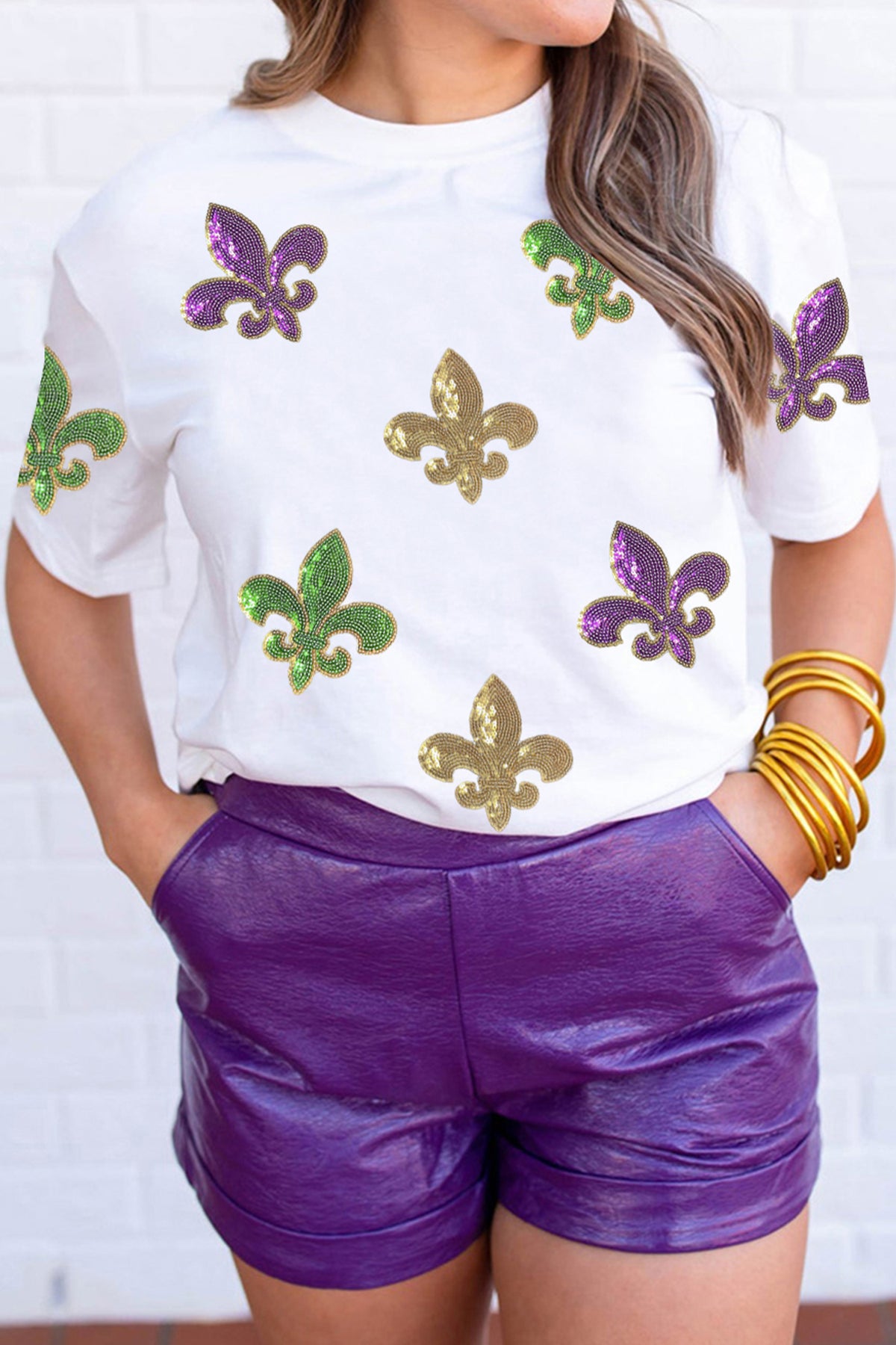 White Mardi Gras Fleur De Lis Sequin Graphic T Shirt - Aaria Tees