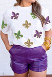 White Mardi Gras Fleur De Lis Sequin Graphic T Shirt - Aaria Tees Aaria Tees
