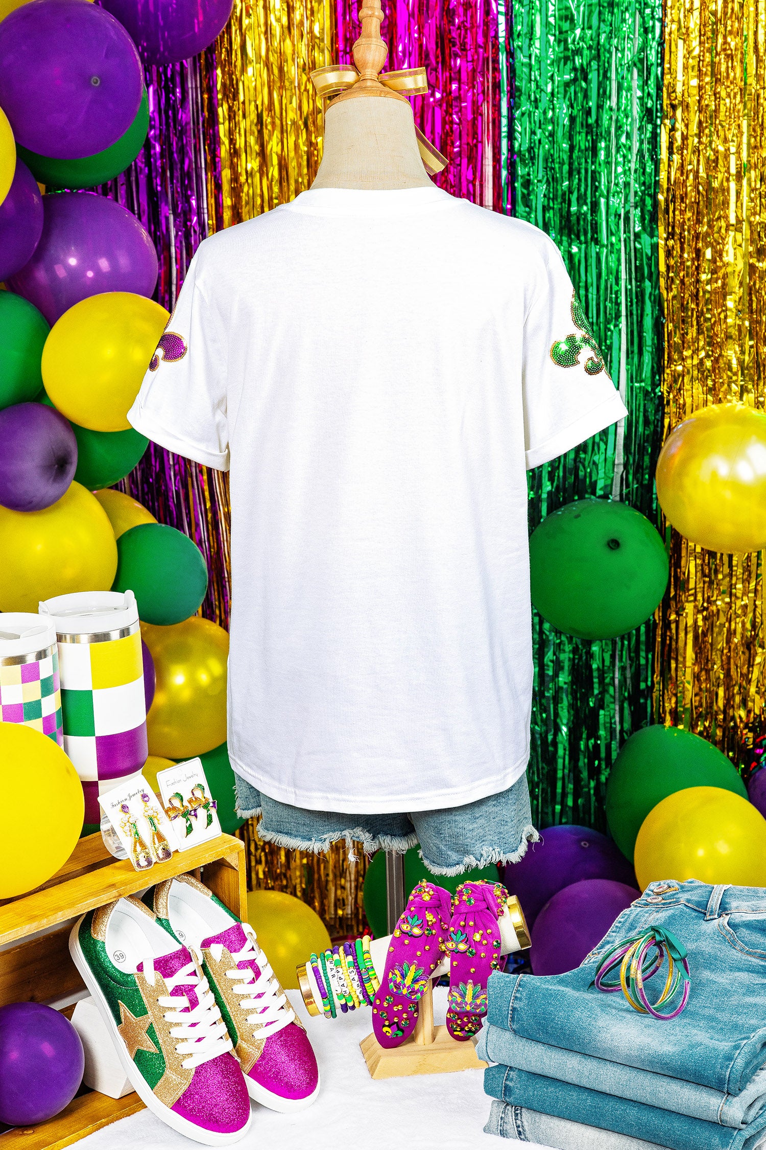White Mardi Gras Fleur De Lis Sequin Graphic T Shirt - Aaria Tees Aaria Tees