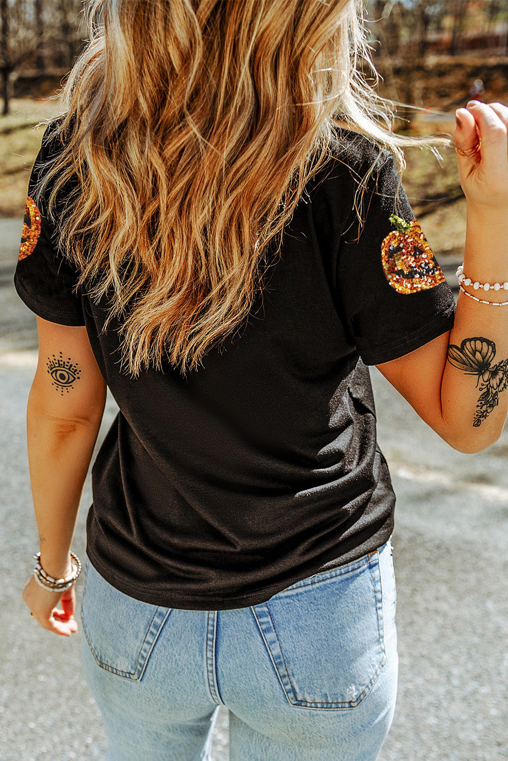Black Sequin Pumpkin Face Halloween T Shirt - Aaria Tees Aaria Tees