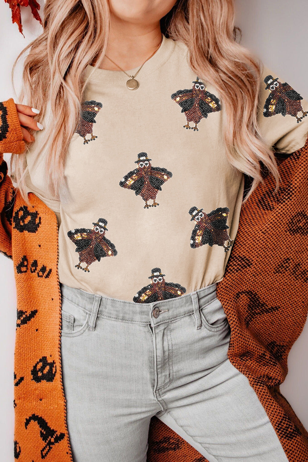 Khaki Sequined Turkey Patched Pattern Crewneck Thanksgiving T Shirt - Aaria Tees