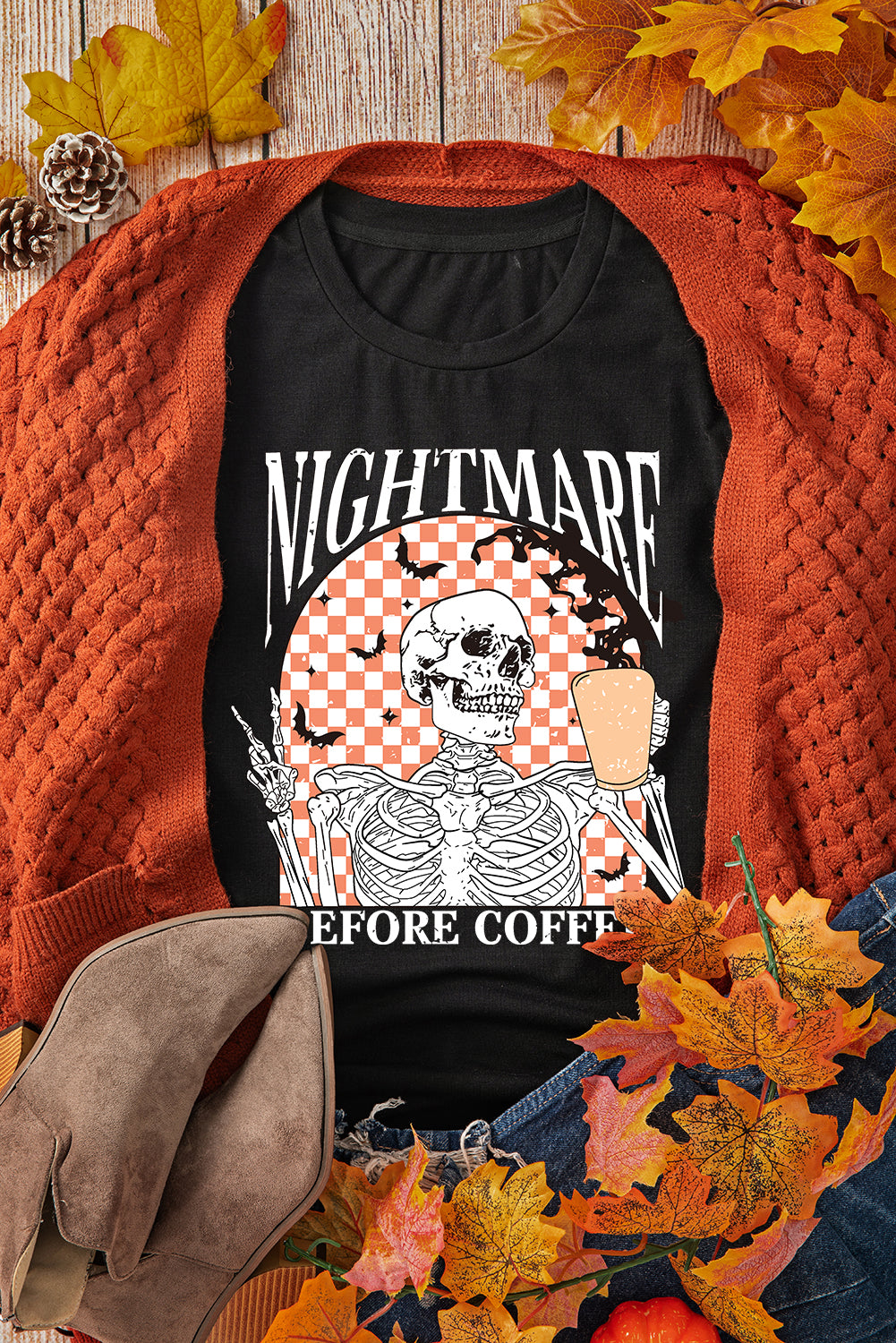 Black Nightmare Before Coffee Skull Checkerboard Graphic Halloween Tee - Aaria Tees Aaria Tees