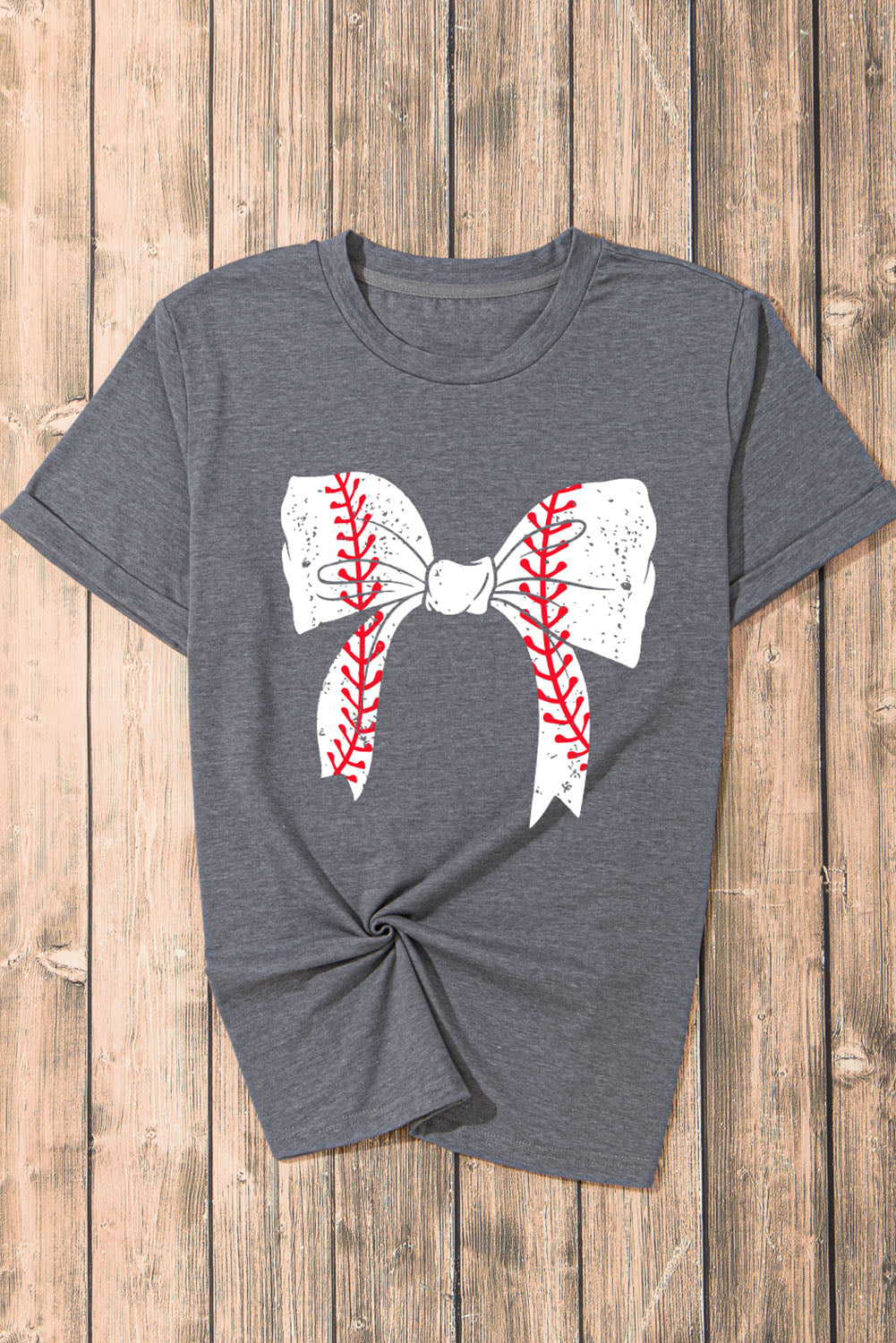Gray Baseball Bowknot Graphic Casual Tee - Aaria Tees Aaria Tees