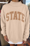 Coffee Exposed Seam Mock Neck STATE Letter Graphic Loose Sweatshirt Aaria Tees
