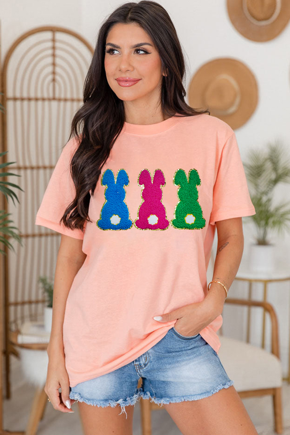 Pink Easter Bunny Chenille Patched Graphic Tee - Aaria Tees Aaria Tees