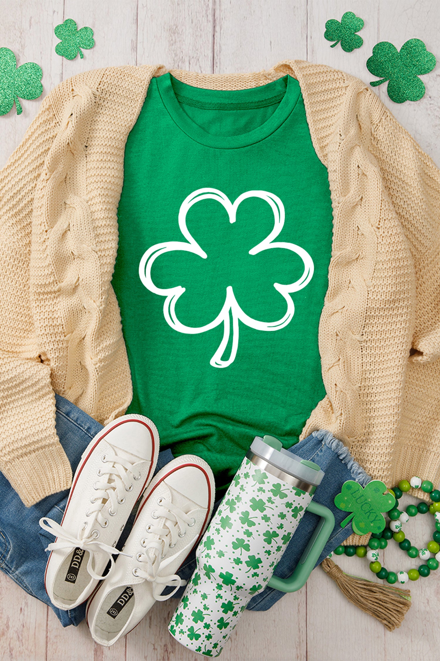 Bright Green St Patricks Day Lucky Shamrock Printed Casual Tee - Aaria Tees Aaria Tees