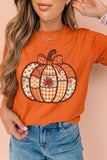 Orange Patchwork Pumpkin Graphic Print Crewneck  T-Shirt Aaria Tees