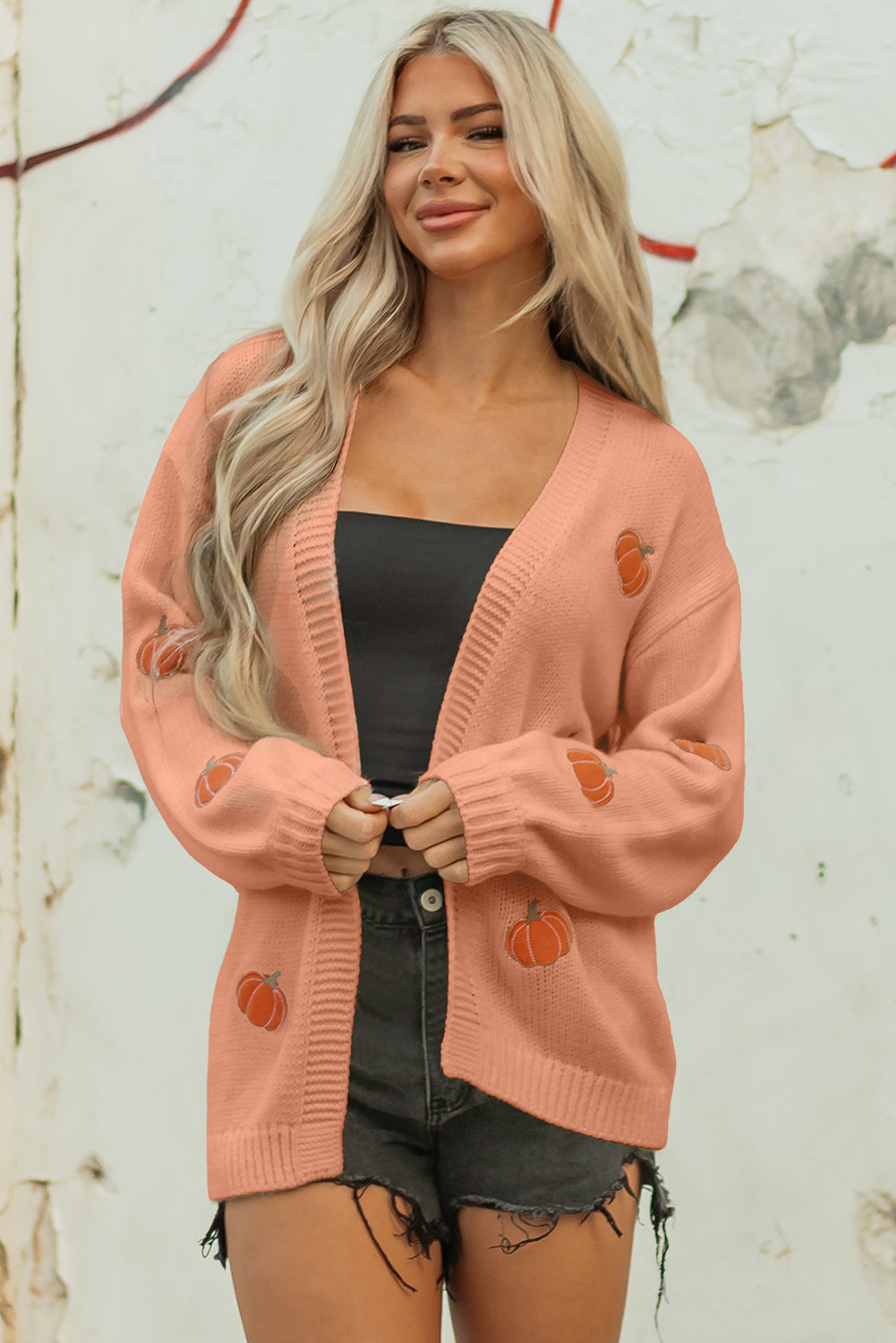 White Pumpkin Print Open Front Drop Shoulder Midi Cardigan - Aaria Tees Aaria Tees