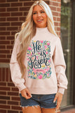 Apricot Pink He is Risen Floral Christian Easter Mock Neck Sweatshirt Aaria Tees