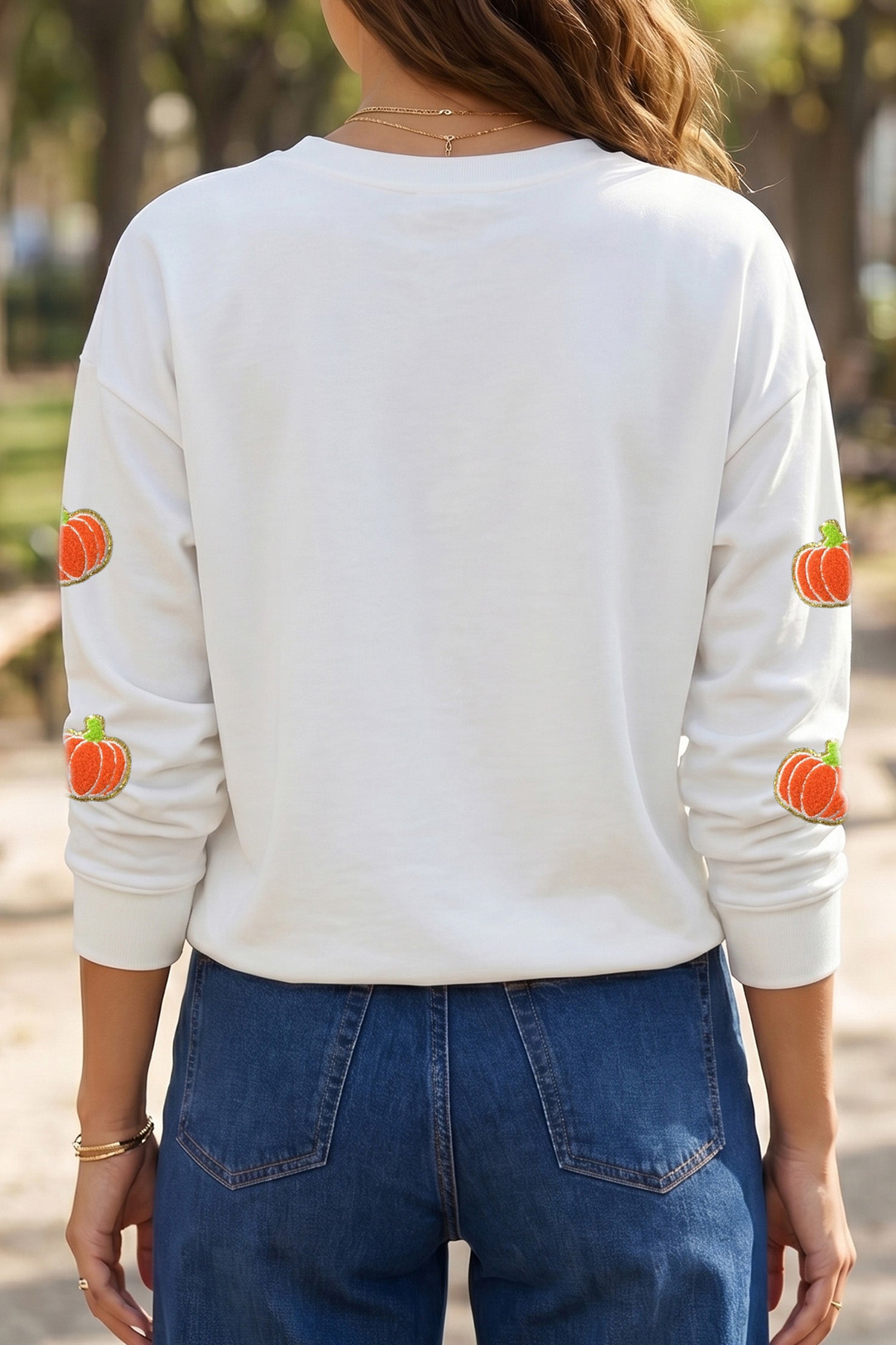 White Glitter Chenille Pumpkin Patch Graphic Long Sleeve Top - Aaria Tees Aaria Tees
