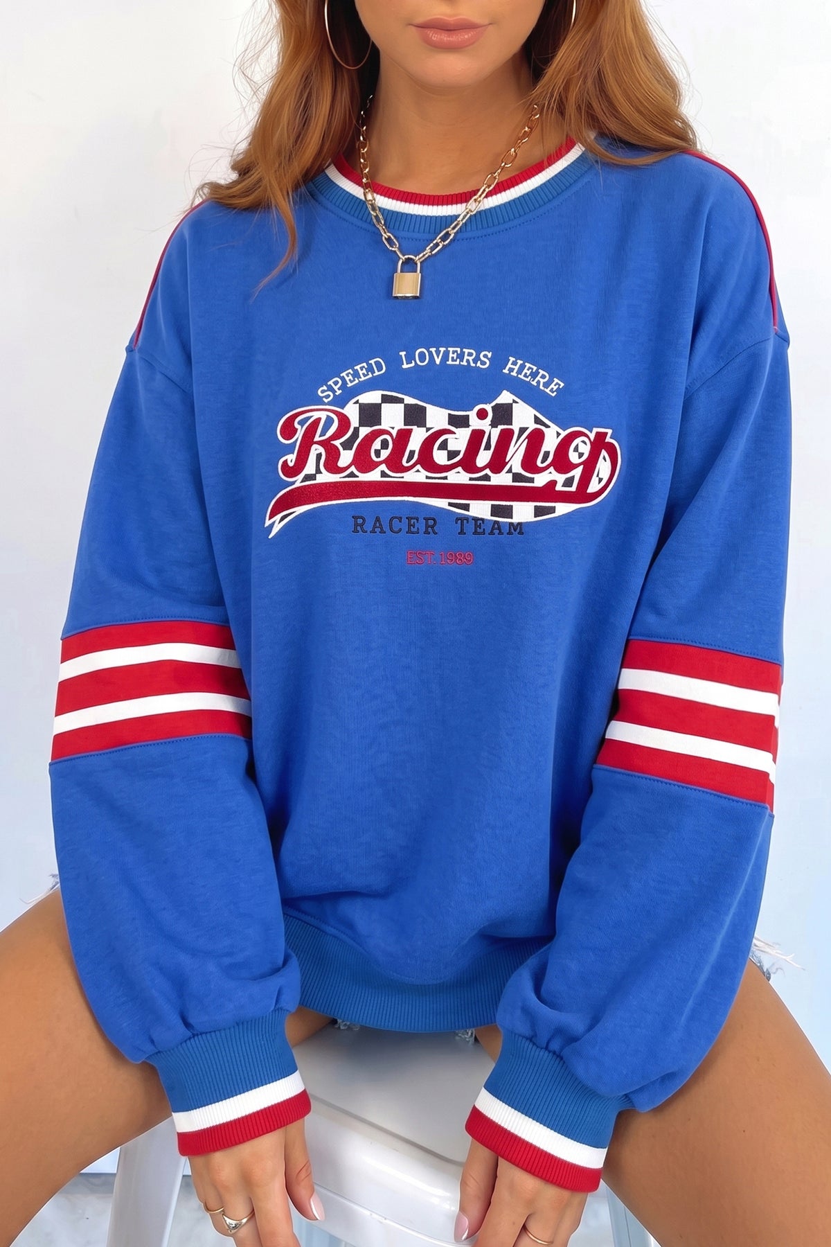 Sky Blue Abstract Racing Graphic Embroidered Patchwork Long Sleeve Sweatshirt - Aaria Tees