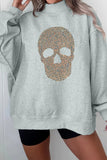 Gray Halloween Rhinestone Skull Graphic Mock Neck Baggy Pullover Sweatshirt Aaria Tees