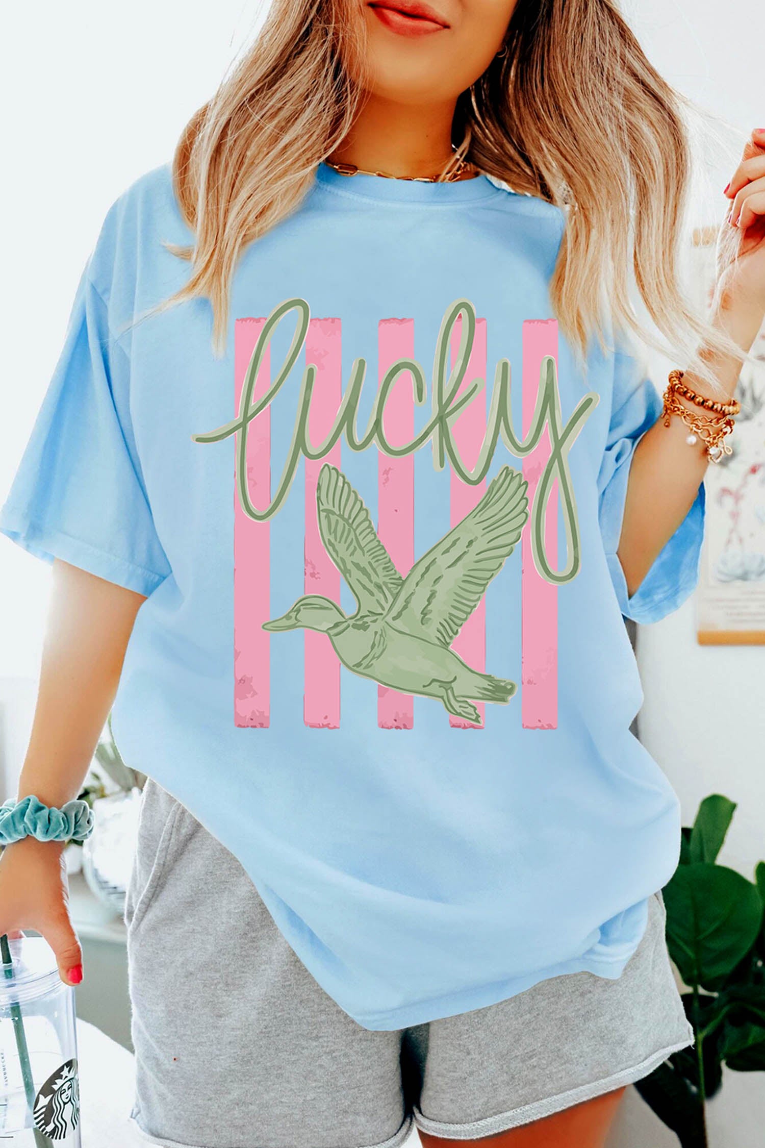 Light Blue Lucky Duck Print Casual Round Neck T Shirt - Aaria Tees Aaria Tees