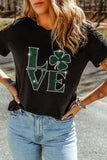 Black Clover LOVE Rhinestone Graphic St Patricks Day T Shirt Aaria Tees