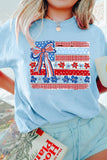 Light Blue Faux Patchwork Printed Coquette American Flag Graphic Tee Aaria Tees