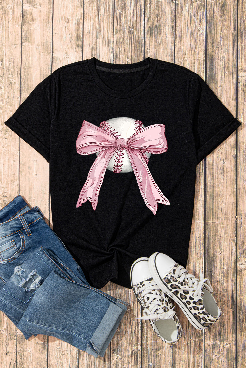 Black Baseball Bow Knot Print Round Neck T Shirt - Aaria Tees Aaria Tees