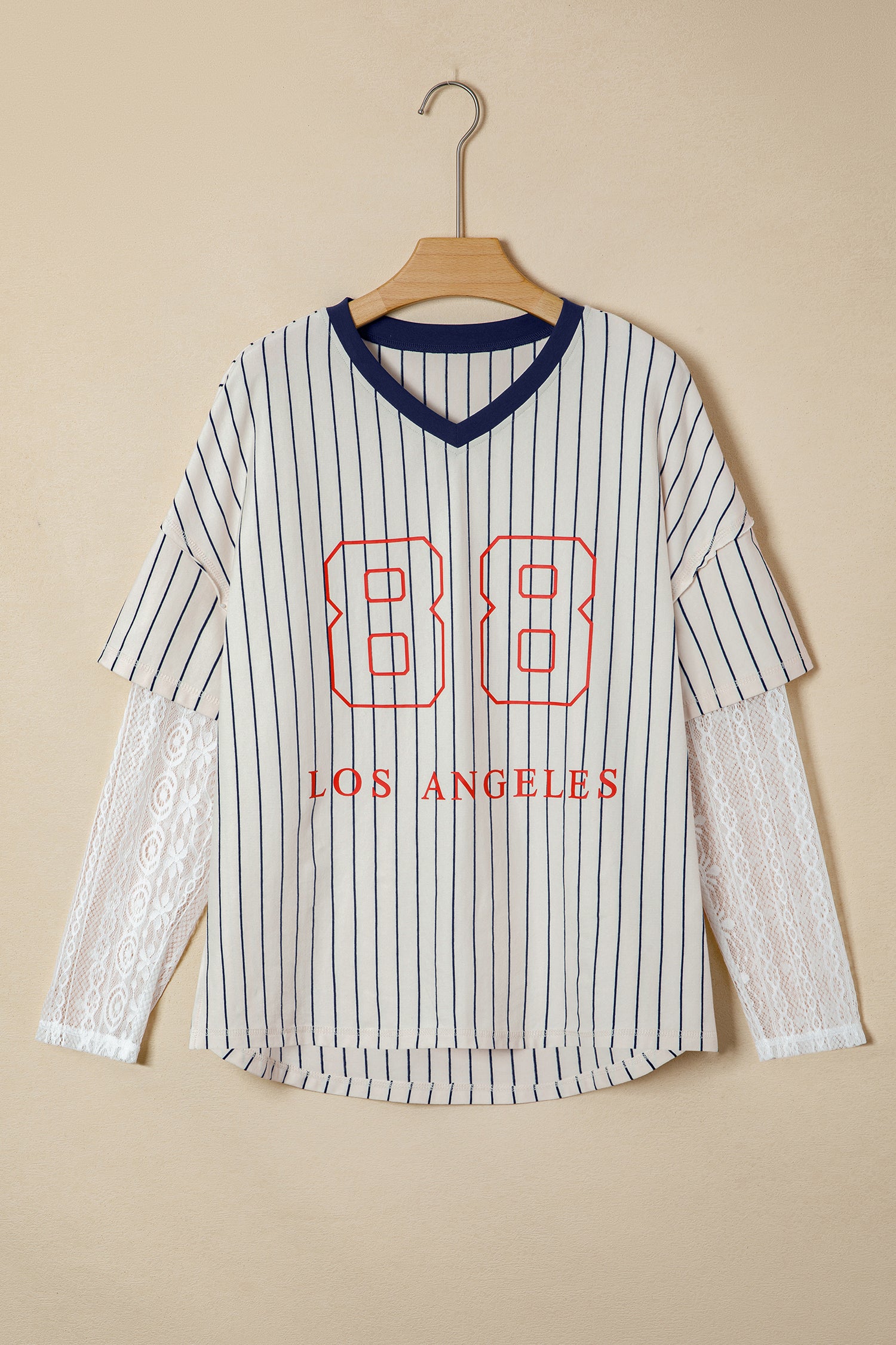 Blue Stripe 88 LOS ANGEL Graphic Lace Patchwork Faux Two Piece V Neck Top - Aaria Tees Aaria Tees