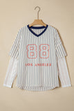 Blue Stripe 88 LOS ANGEL Graphic Lace Patchwork Faux Two Piece V Neck Top - Aaria Tees Aaria Tees