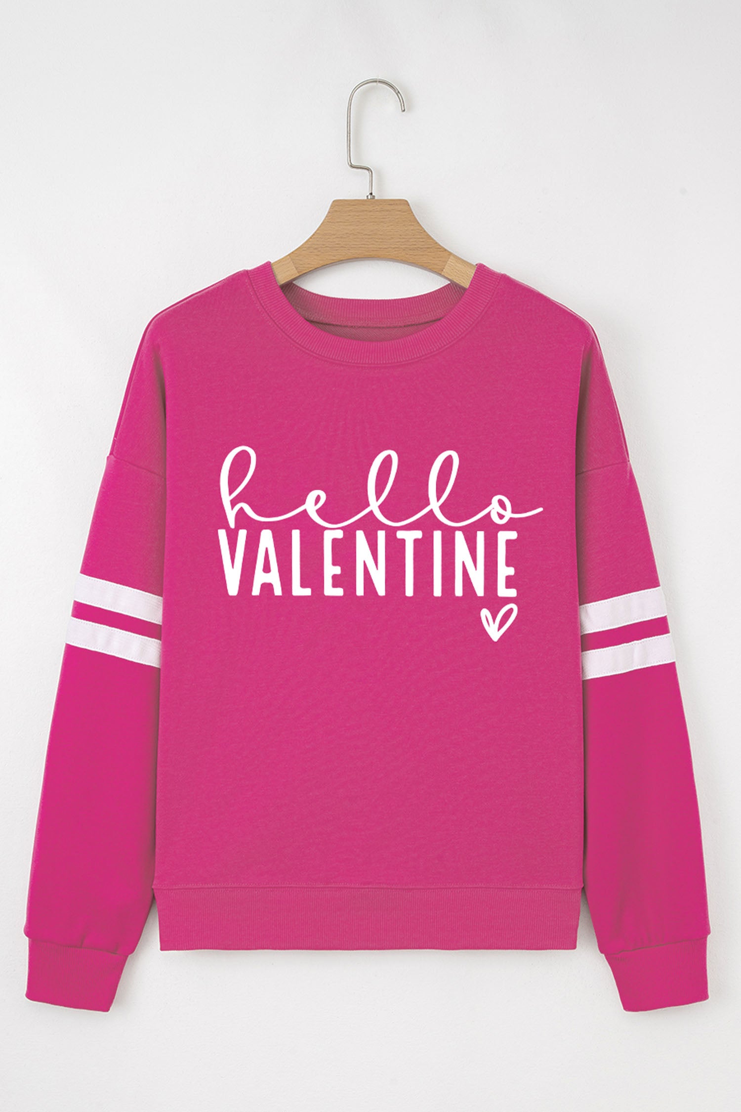 Rose Red Hello Valentine Varsity Striped Sleeve Baggy Sweatshirt - Aaria Tees Aaria Tees