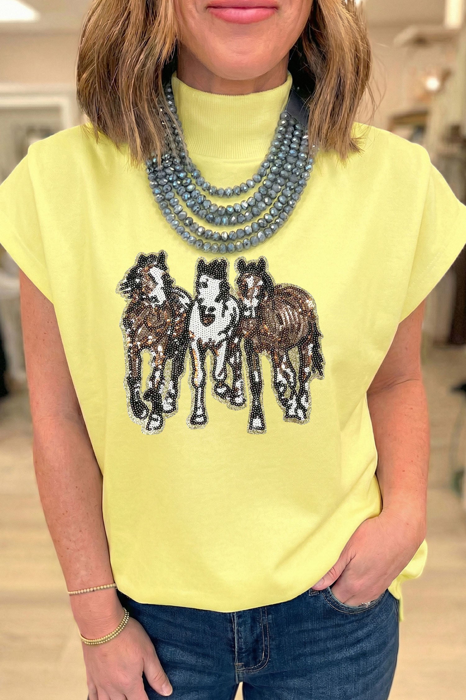 Yellow High Neck Sequin Horse Cap Sleeve Tunic Top - Aaria Tees Aaria Tees