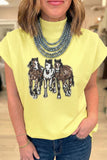 Yellow High Neck Sequin Horse Cap Sleeve Tunic Top - Aaria Tees Aaria Tees