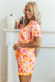 Pink Short Sleeve Pumpkin Print Pocket Placket Shell Button Lounge Set - Aaria Tees Aaria Tees