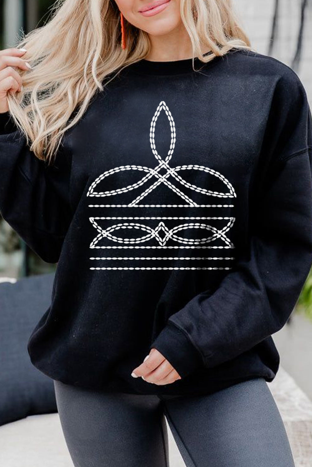 Black Western Pattern Print Round Neck Pullover Sweatshirt - Aaria Tees Aaria Tees