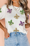 White Mardi Gras Fleur De Lis Sequin Graphic T Shirt - Aaria Tees Aaria Tees