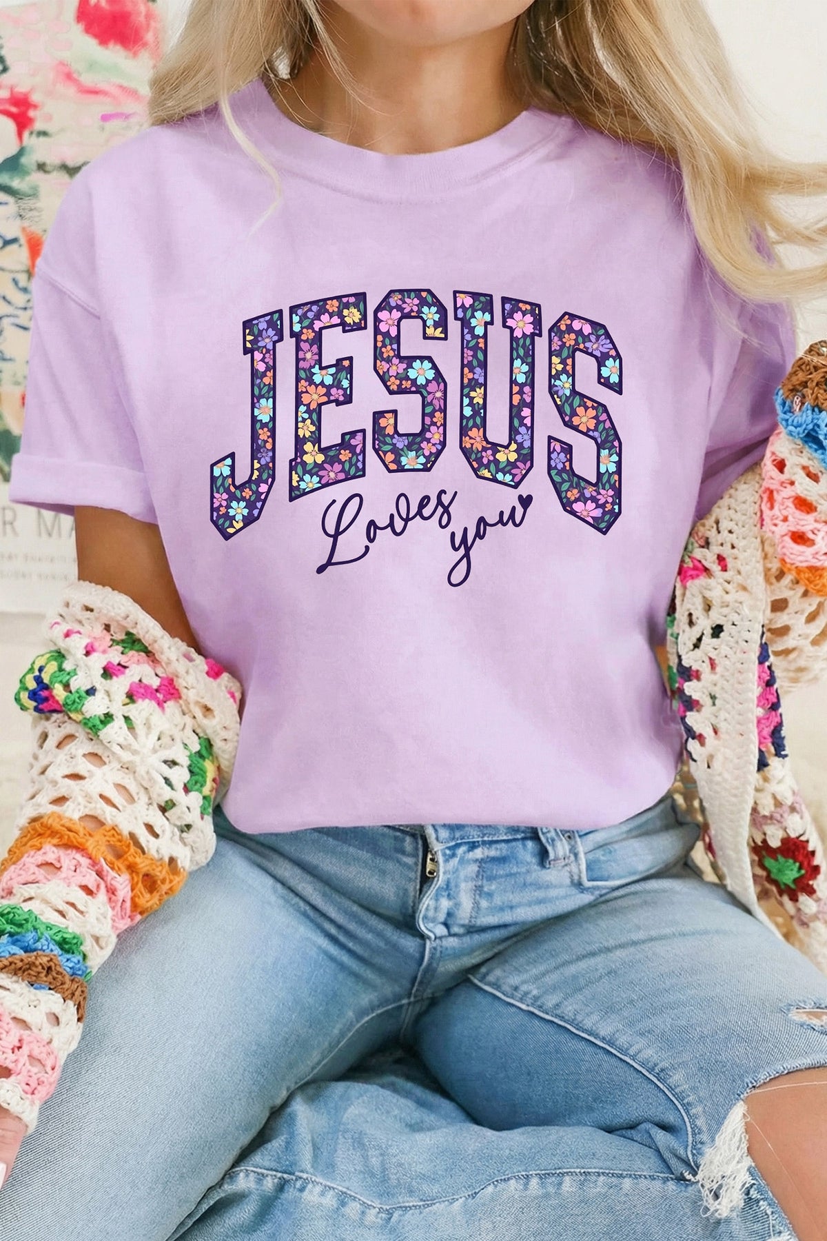 Orchid Petal Christian Floral Letter Graphic Round Neck T Shirt - Aaria Tees