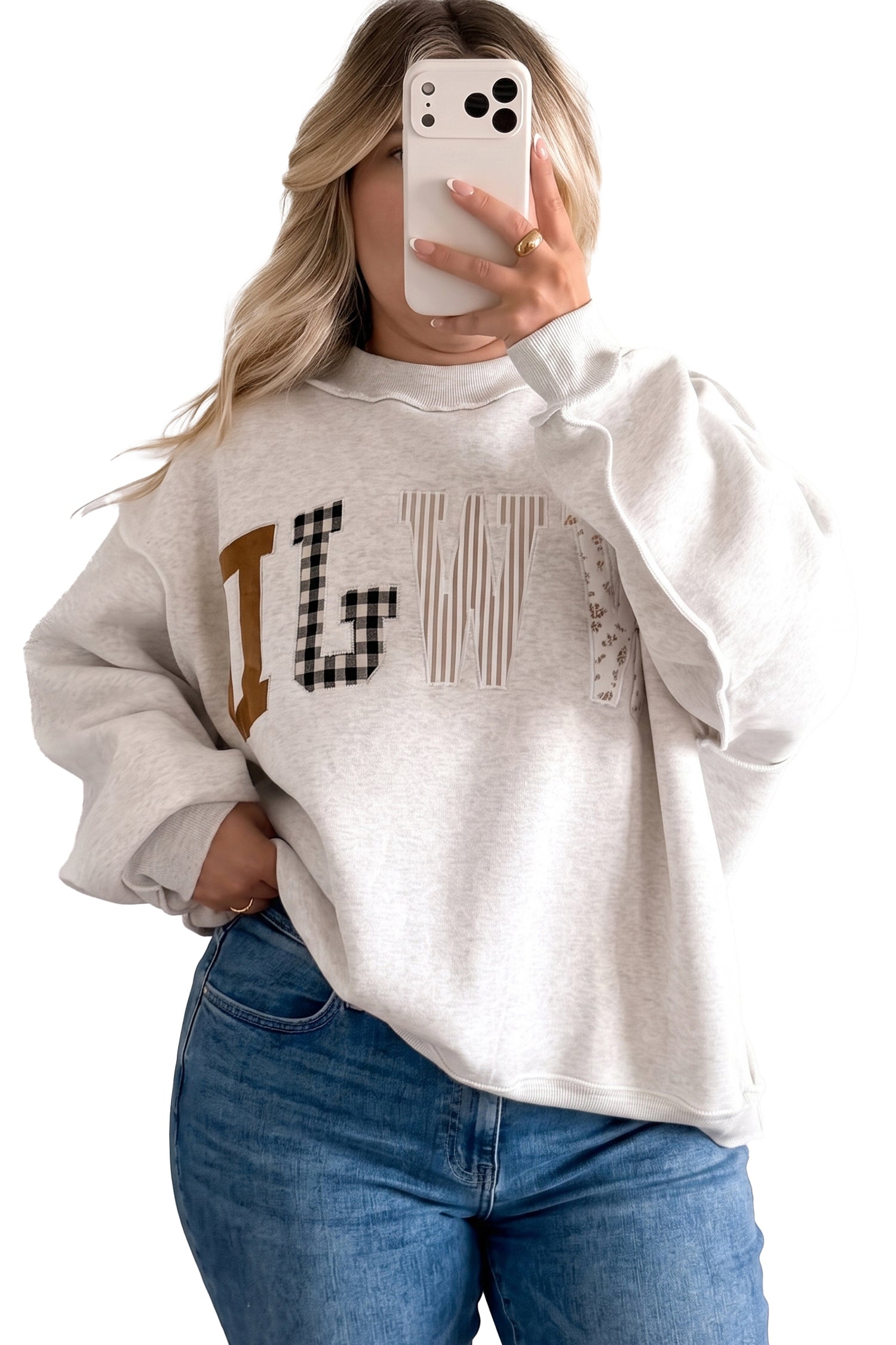 Gray WWJD Mix Pattern Letter Graphic Exposed Seam Loose Plus Size Sweatshirt - Aaria Tees Aaria Tees