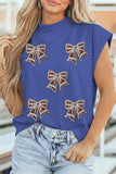 Sky Blue Game Day Sequin Bow High Neck Short Sleeve Top - Aaria Tees Aaria Tees