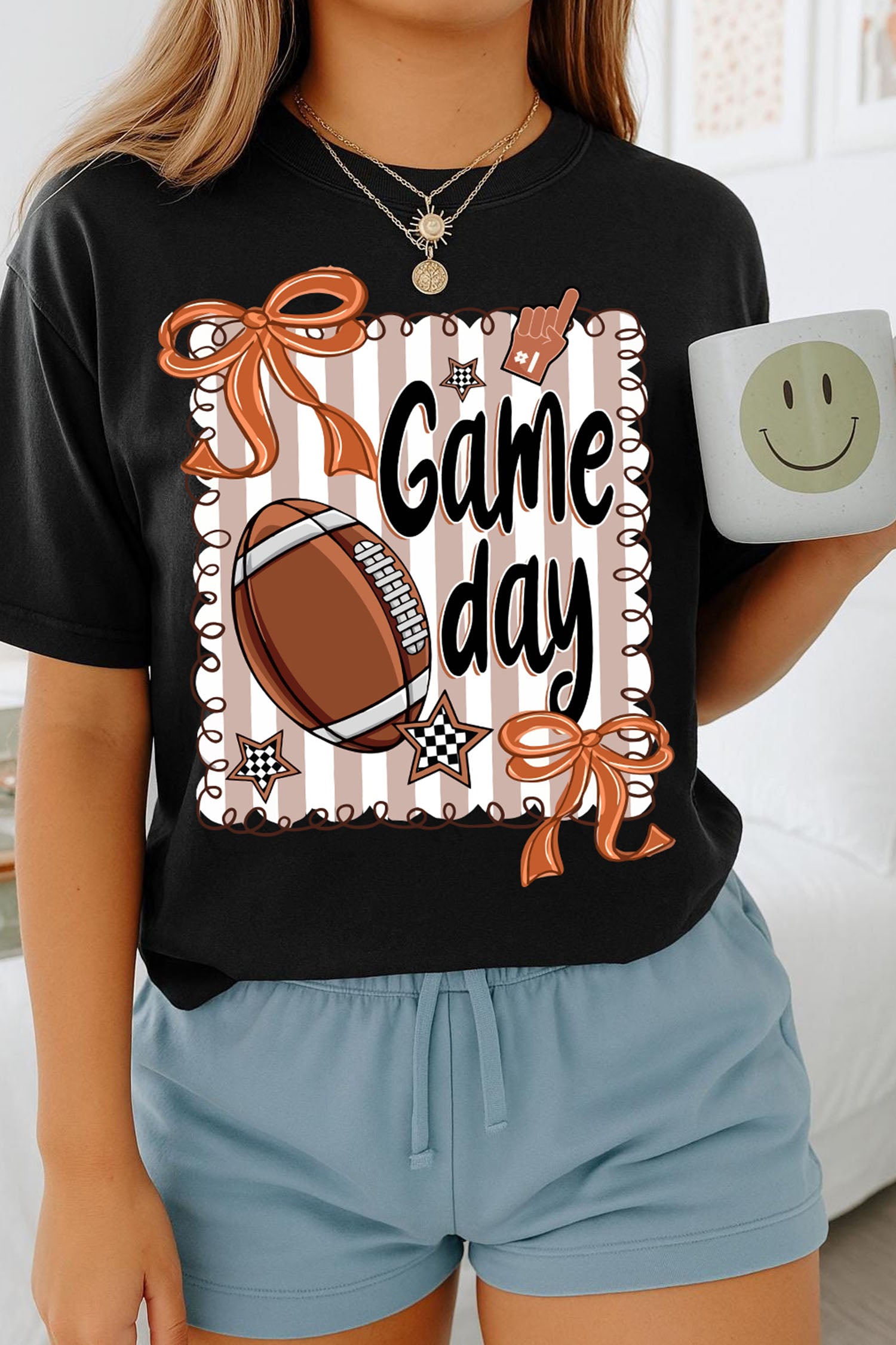 Black Casual Game Day Football Striped Tee - Aaria Tees Aaria Tees
