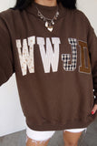 Coffee WWJD Mixed Pattern Embroidered Patch Graphic Mock Neck Sweatshirt Aaria Tees