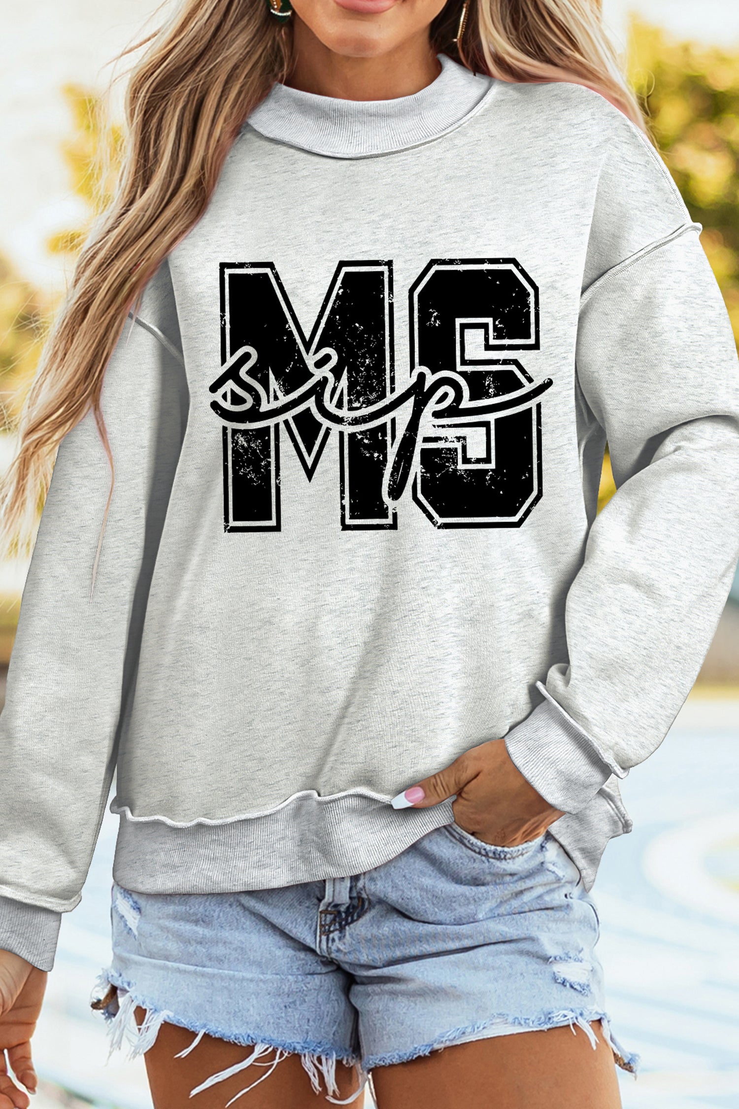 Light Grey MS MISSISSIPPI Double Side Printed Mock Neck Reversible Sweatshirt - Aaria Tees Aaria Tees
