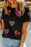 Black Sequin Heart Patched Pattern Crewneck Valentines Tee - Aaria Tees Aaria Tees