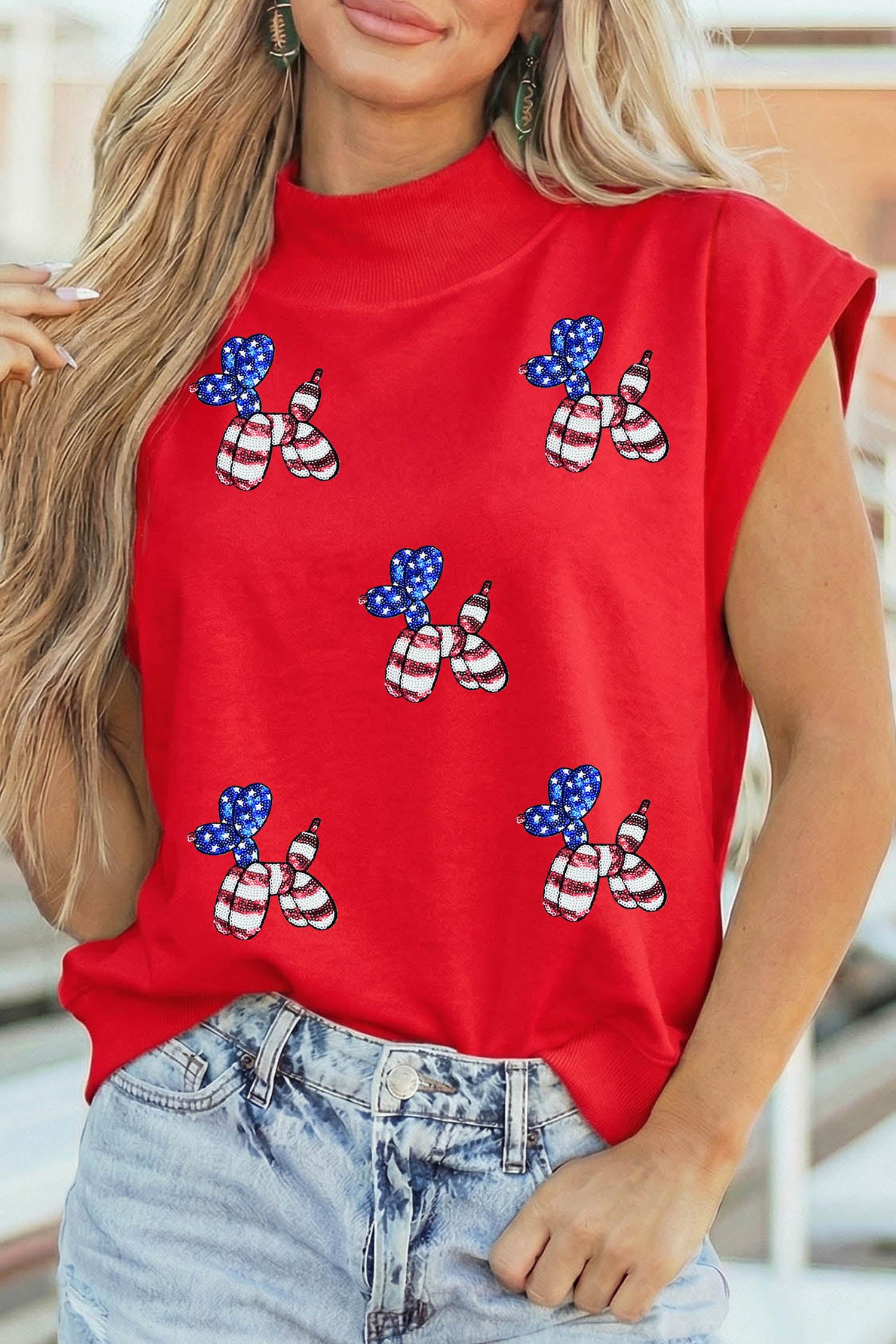 Racing Red Sequin American Flag Balloon Dog High Neck Short Sleeve Top - Aaria Tees Aaria Tees