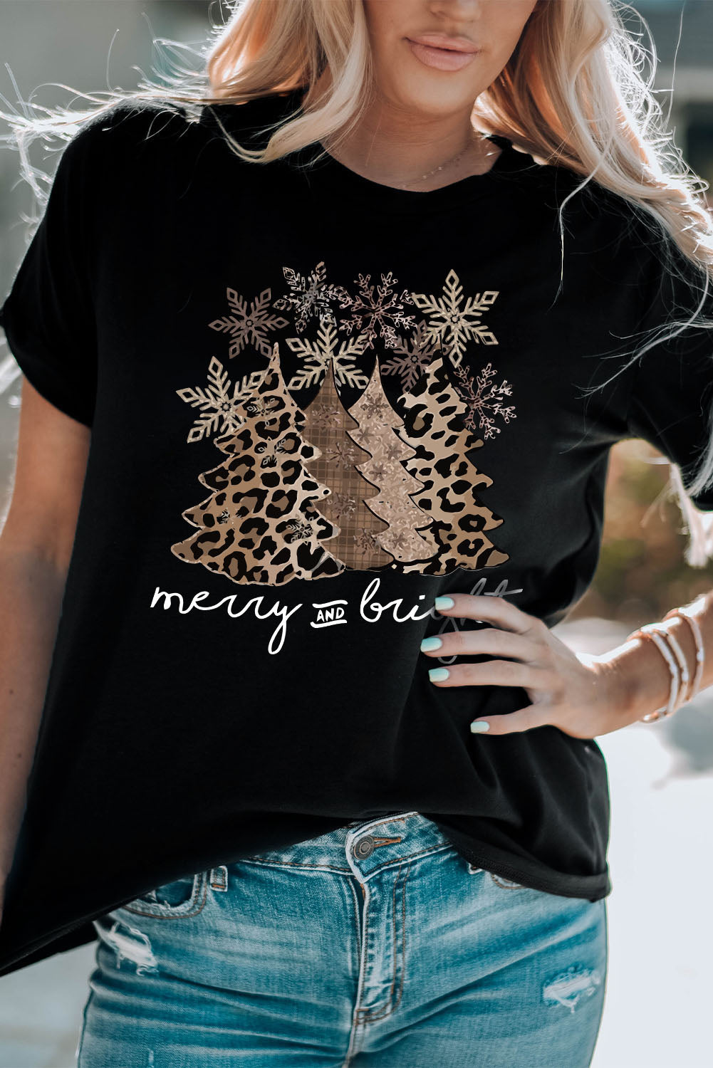 Black Leopard Christmas Tree Graphic Crew Neck T Shirt - Aaria Tees Aaria Tees