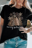 Black Leopard Christmas Tree Graphic Crew Neck T Shirt - Aaria Tees Aaria Tees