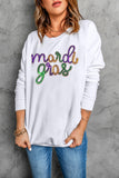 White Sequined mardi gras Graphic Crew Neck Drop Shoulder Sweatshirt Aaria Tees