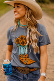 Gray Sunflower Cowgirl Boots Print Western Fashion T Shirt Aaria Tees