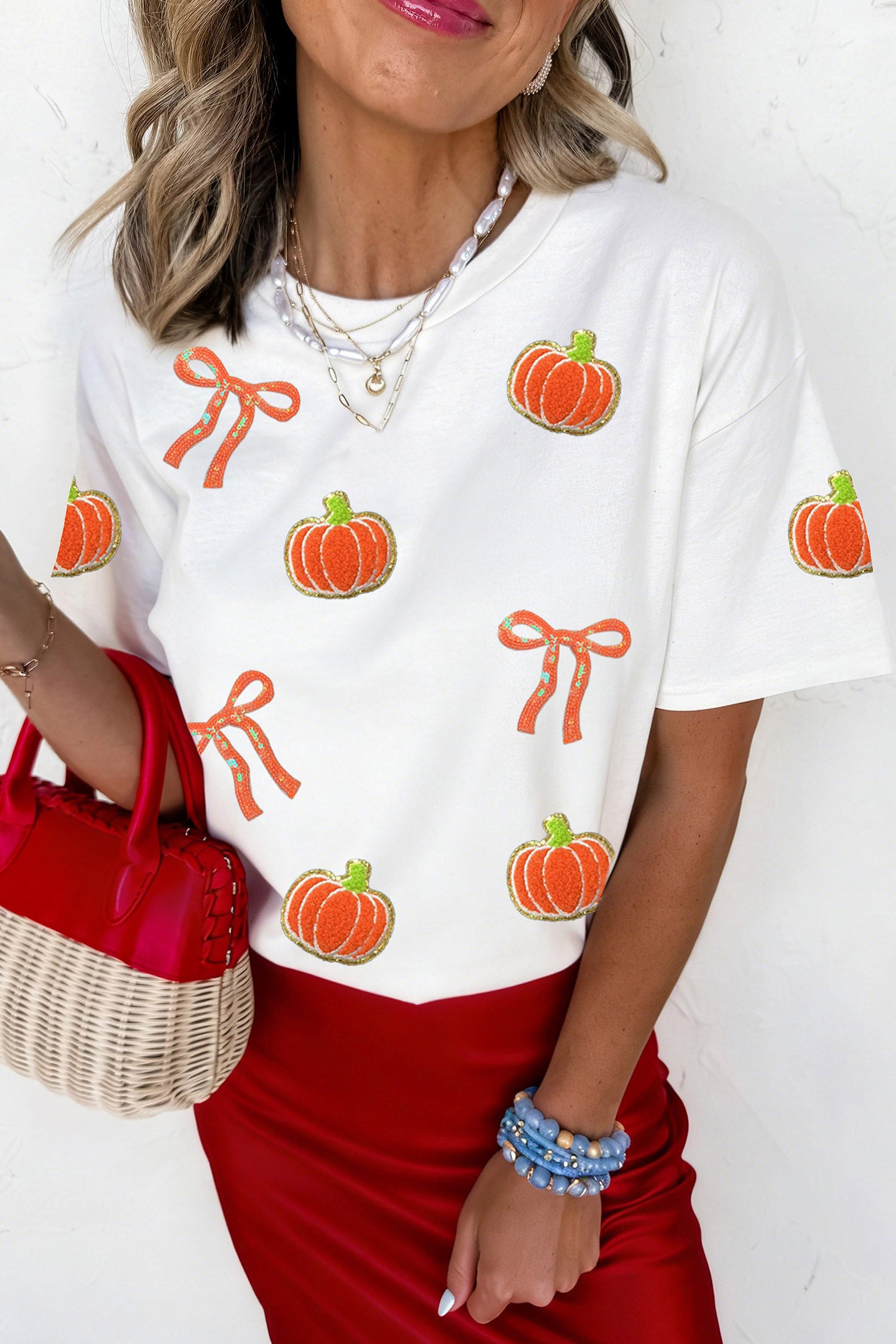 White Sequin Chenille Pumpkin Bow Pattern Casual Short T Shirt - Aaria Tees Aaria Tees