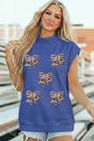 Sky Blue Game Day Sequin Bow High Neck Short Sleeve Top - Aaria Tees Aaria Tees